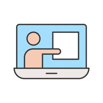 People presentation on computer screen, webinar concept, editable stroke outl Stock Illustration