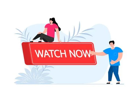 People press button with text Watch now. Click button for app and web design Illustrazione stock