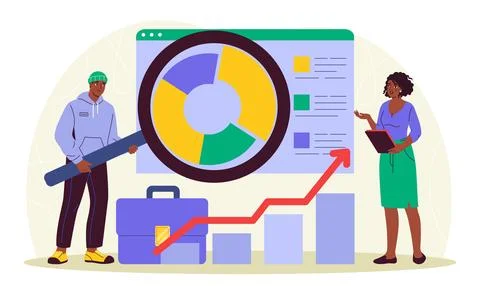 People with process optimization. Woman and man with magnifying glass near Stock Illustration