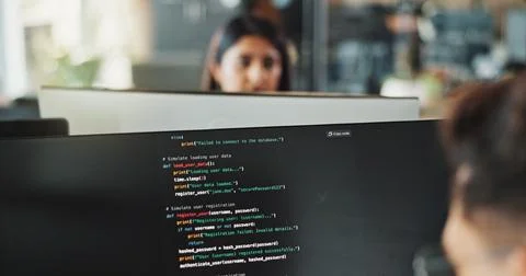 People, programmer and computer screen with code for web design, prompt or login Stock Photos