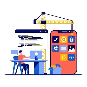 People programming concept with tiny character. Programmer developer creati.. Illustrazione stock