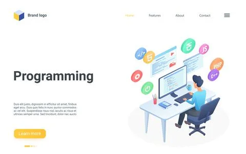 People programming isometric landing page, coder working with code script Stock Illustration
