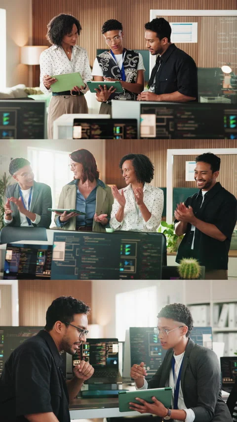 People, programming or team with applause for software development, success or Stock-Footage 342235255