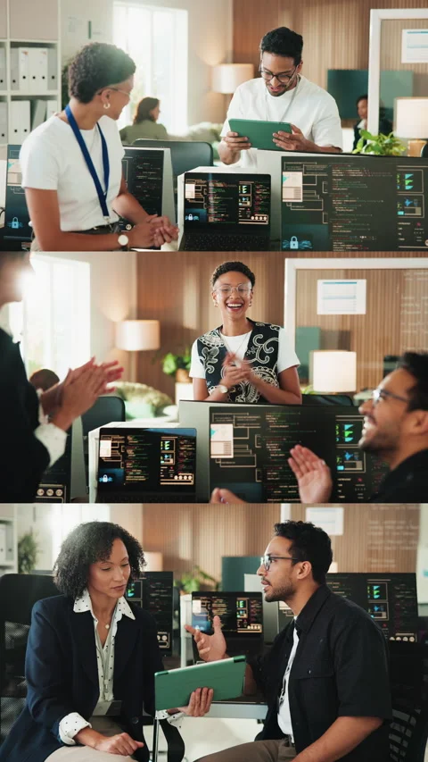 People, programming or winning with high five for software development, success Stock Footage 342243565