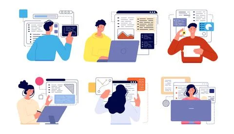 People programming. Professional geek, working screens java technology coder Illustrazione stock