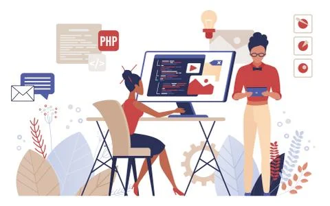 People programming vector illustration, cartoon flat man woman programmer Stock-Illustration