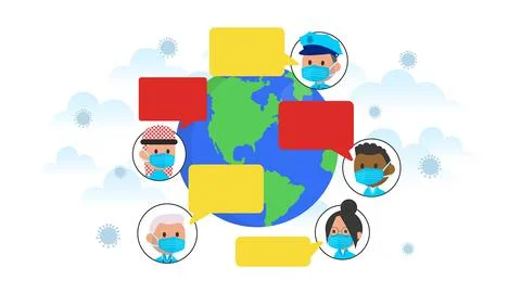 People in protective mask communicate through social networks online. Stock Illustration