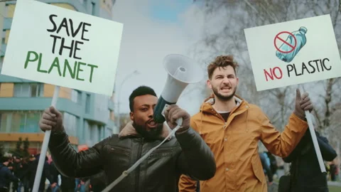 People protest ecology demonstration. Save planet banner. Climate change banner. Stock Footage 278667784