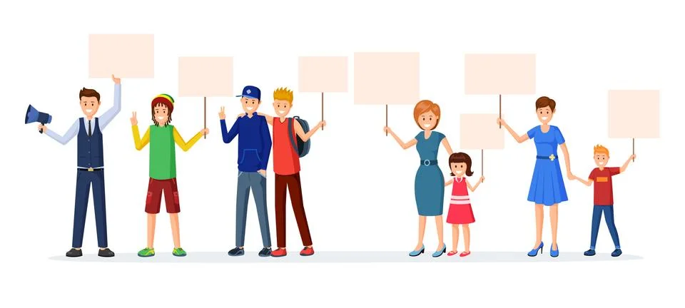 People with protest placards flat illustrations Stock Illustration