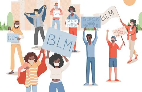 People protesting in city park vector flat illustration. Men and women holding Stock Illustration