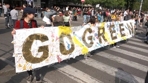 People protesting with eco friendly banner "GO GREEN", global strike Milan Italy Vídeo Stock 110735322
