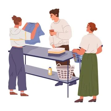 People at public laundry doing housework and wash clothes, talking to neighbors イラスト素材