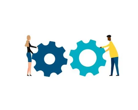 People pulling huge cogwheels towards each other. Vector illustration. Stock Illustration