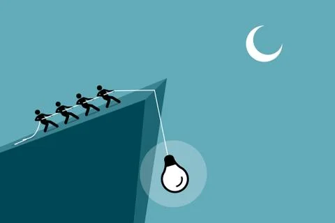 People pulling an idea up from falling down the cliff by using rope. Vector a Illustrazione stock