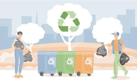 People putting garbage in containers vector flat illustration. Men practicing Stock Illustration