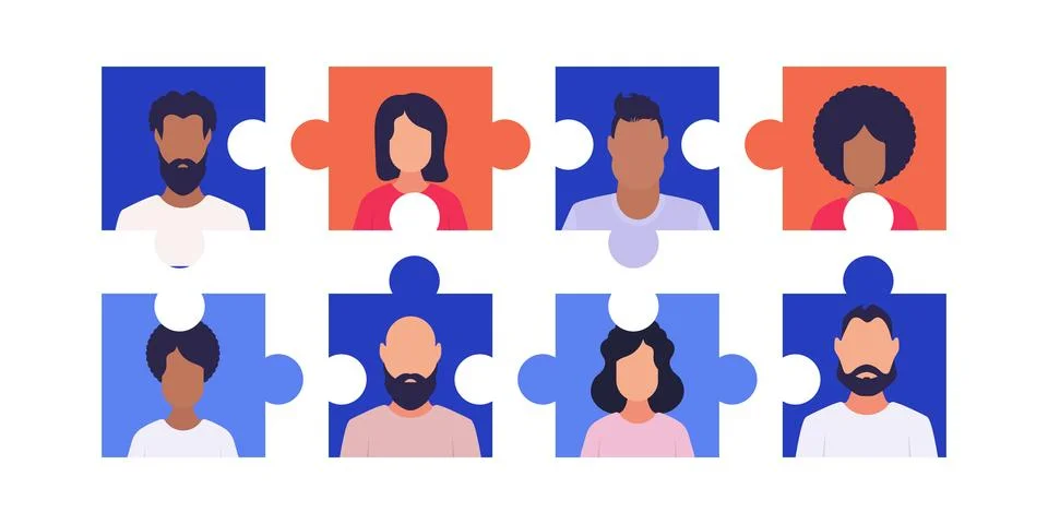 People in a puzzle collage. Vector. Flat style. Stock Illustration