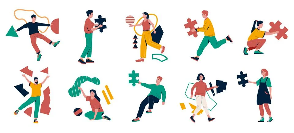 People with puzzle elements. Men or women holding geometric pieces. Characters Stock Illustration