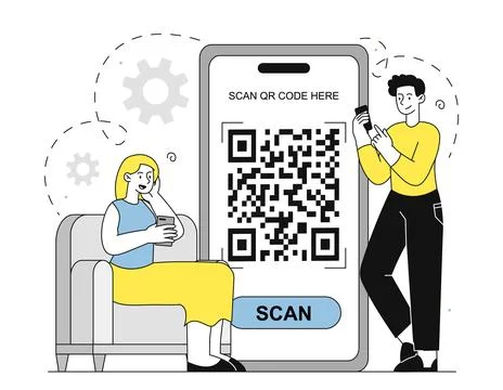 People with QR code. Man and woman with smartphones scanning qr code. Barcode Stock Illustration
