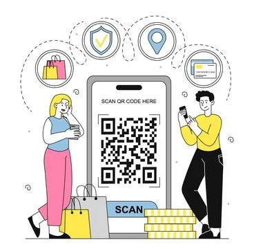 People with qr code. Man and woman near smartphone with shortened link. Barcode Stock Illustration