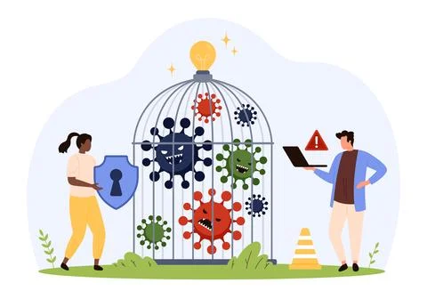 People Quarantining Computer Virus in Cage Concept Stock Illustration