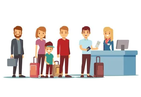 People queue in airport at registration desk. Vacation and travel vector concept Stock Illustration