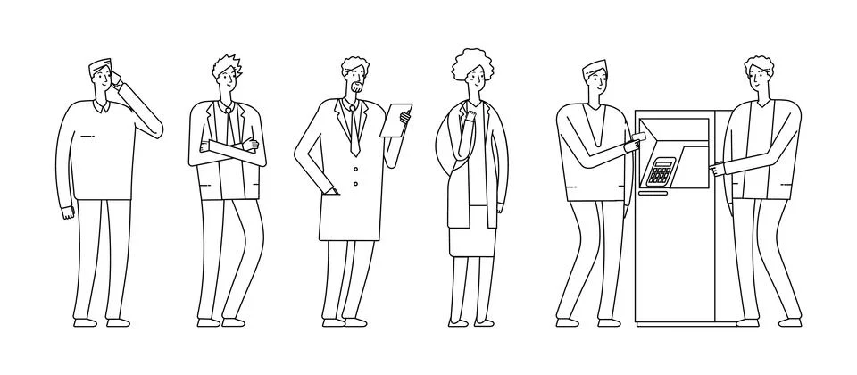 People queue to ATM. Bank consultant helps man. Isolated flat woman guys in イラスト素材