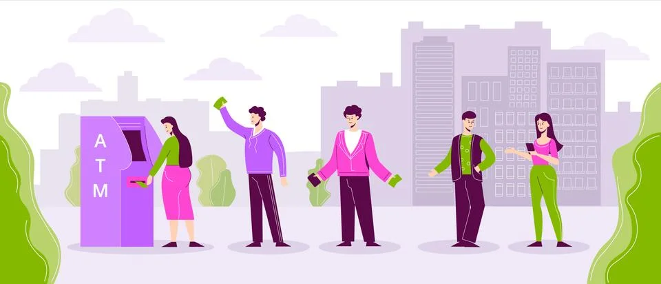 People queue to ATM illustration. Group of men and women stand by line to Illustrazione stock