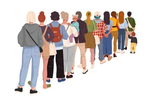 People queue, back view of diverse people in line Stock Illustration