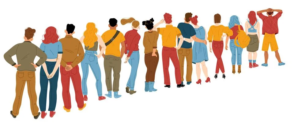 People queue from behind, characters stand in line Stockillustratie