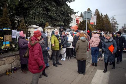 People queue to the Consulate General of Ukraine in Krakow, Poland - 09 Mar 2022 Stock Photos