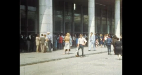 People queue crowd into modern building. Tretyakov Gallery museum exterior Stock Footage 245146404