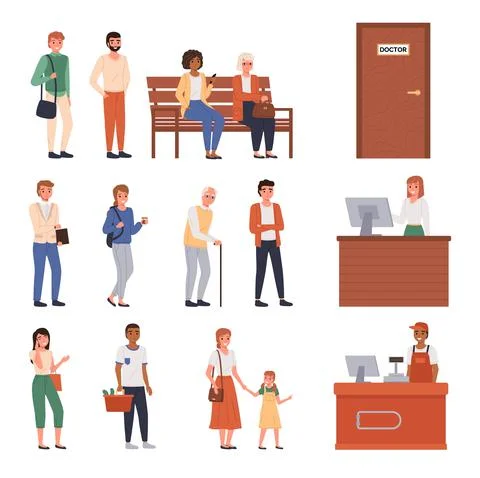 People queue. Different ages and nationalities customers standing waiting, men Stock Illustration