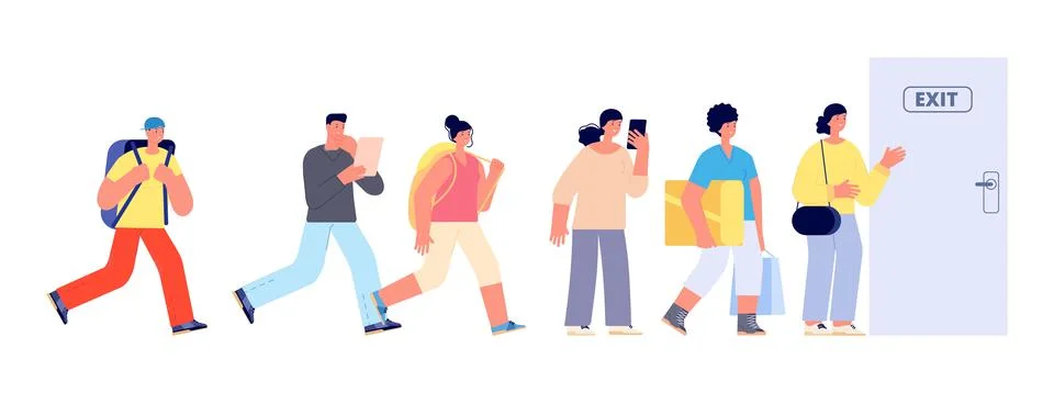 People queue to door. Exit, evacuation or go for walk. Women men with luggage Illustrazione stock