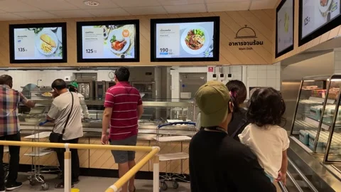 People queue at IKEA restaurant. Family, couple selecting their favorite dishes Stock Footage 171596022