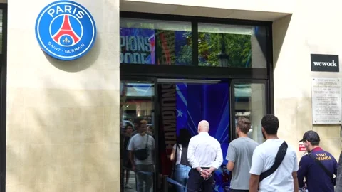 People queue at PSG store entrance in Paris, June 15 2025 Stock Footage 311321471