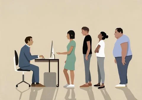 People in queue waiting to talk to man working at computer in office Stock Illustration
