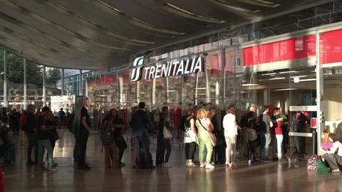 People queueing  and waiting at Termini Railway Station afer train delay, Rome Stock Footage 240548976