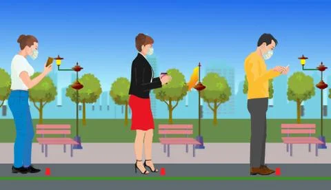 People queuing up to keep their distance. Ilustración de archivo