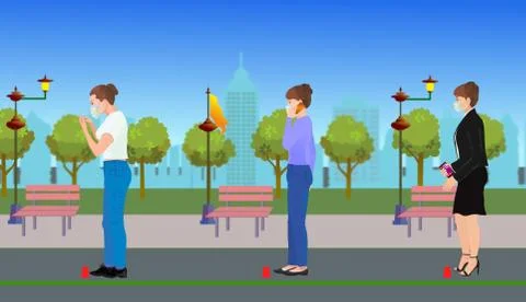 People queuing up to keep their distance. Illustrazione stock