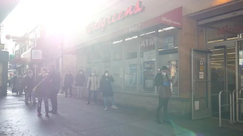 People Queuing Up Outside Pharmacy Brighton Beach Brooklyn Coronavirus Stock Footage 129580595