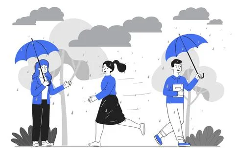 People in rain with umbrellas scene. Vector illustration Stock Illustration