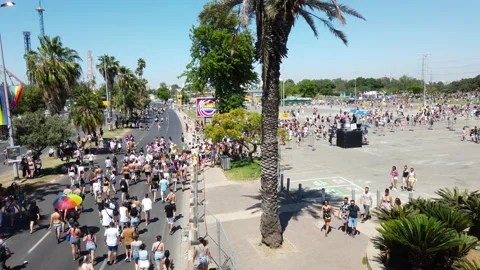 People with rainbow flags moving from Rokach Boulevard to Yarkon park Stock Footage 197875035