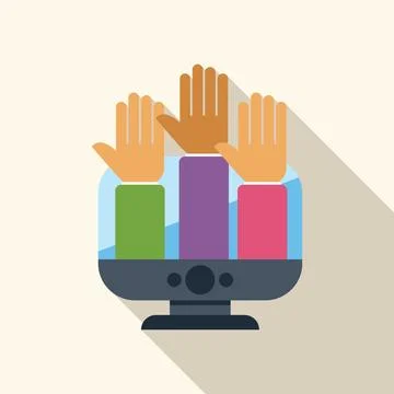 People raising hands behind computer screen participating online Stock Illustration
