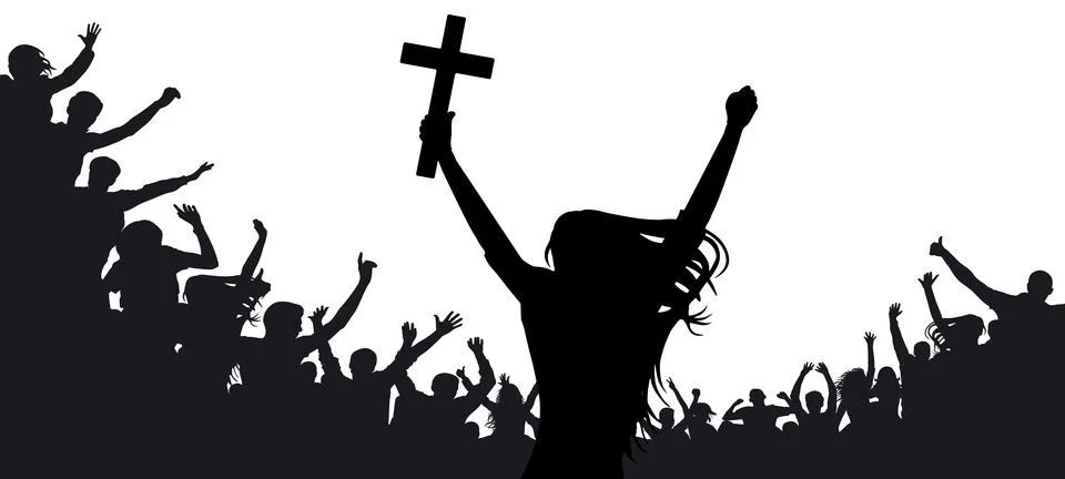 People raising hands in devotion while a woman holds a cross during a relig.. Stock Illustration