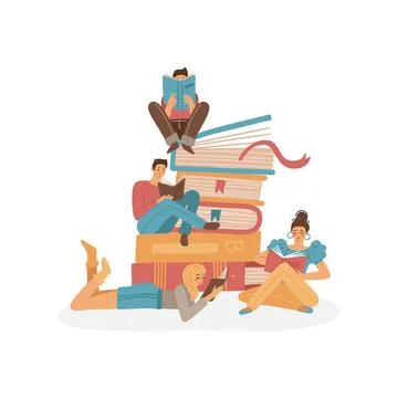 People read books concept. Group of little young characters sitting on the giant Stock Illustration
