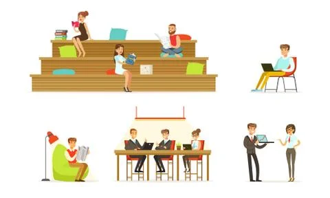 People read books, documents and work on a laptop. Vector illustration. Stock Illustration