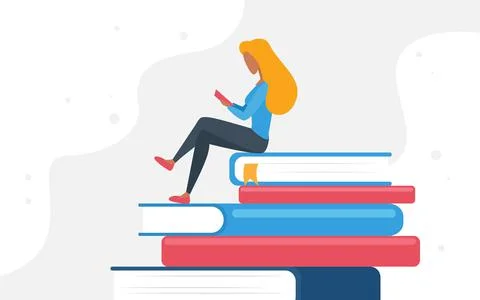 People read books, tiny young reader student woman sitting on book stack and Illustrazione stock