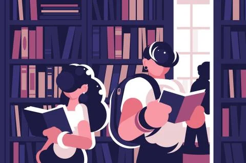 People read in library. Ilustración de archivo