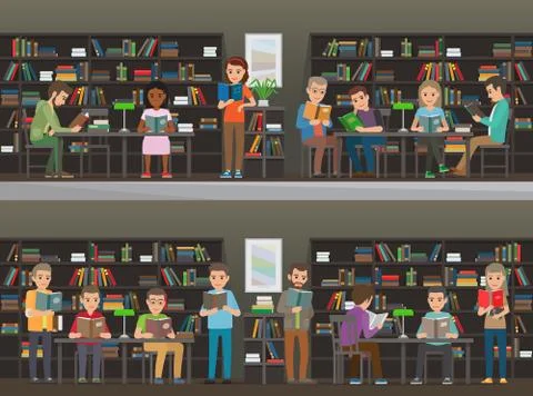 People Read in the Library Vector Illustration Set Stock Illustration