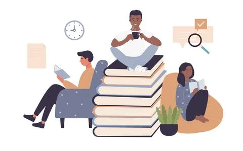 People read paper books from library, bookstore, time to study, knowledge self Stock Illustration
